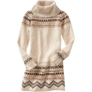 Gap kids girls S 5 6 7 sweater dress cowl turtleneck fair isle cream brown Tan